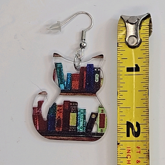 Cat Shaped Bookshelf Dangle Earrings  Lightweight Colorful Statement Jewelry NEW - Picture 7 of 9